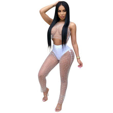 Load image into Gallery viewer, Sexy Mesh Pearls Beading Two Pieces Set Women Sleeveless See Through Tank Crop Top and Ankle-Length Pants Party Matching Outfits