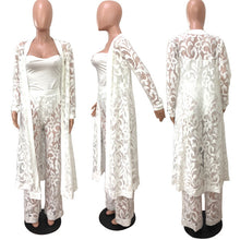 Load image into Gallery viewer, Lace 3 Piece Set Women Long Cardigan + Crop Top + White Lace Pants Set Three Piece Outfits Women Set
