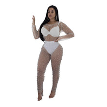 Load image into Gallery viewer, Sexy Black Sheer Jumpsuit Mesh Romper Women Long Sleeve See Through Pearl Beading Nightclub Party Bodycon Jumpsuits Overalls XL