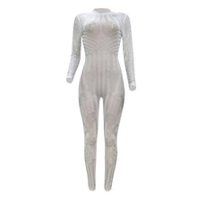 Load image into Gallery viewer, Sexy Bodycon Long Sleeve Sheer Jumpsuits Fashion Mesh Geometric Rhinestone See-Through Romper Sparkly Overalls Combinaison Femme