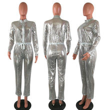 Load image into Gallery viewer, Long Sleeve Sequin Jumpsuit Women Spring Autumn Front Zipper Drawstring Waist Clubwear Long Pants Romper Sparkly Party Jumpsuits