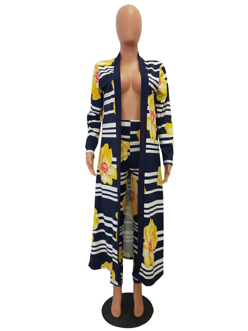 Two Piece Set Top and Pants Women Spring Autumn Long Sleeve X-Long Duster Coat and Pants Print Flower Casual 2 Piece Outfits