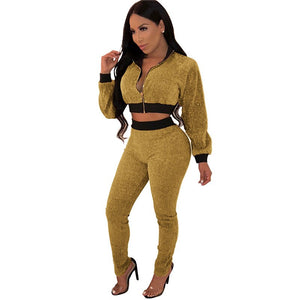 Plus Size Glitter 2 Piece Outfits for Women's Suit Sequined Streetwear Bomber Jacket Tops and Pants Set Sparkly Casual Tracksuit