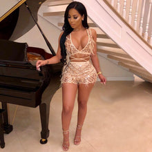 Load image into Gallery viewer, Sexy 2 Piece Set Women Fashion Feather Patchwork Sequin Crop Top and Shorts Set Sheer Two Piece Party Club Outfits Clothes