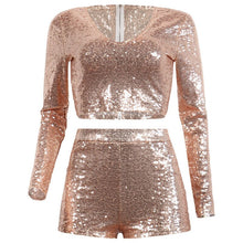 Load image into Gallery viewer, Autumn Long Sleeve Sexy Sequin Two Piece Set Women V Neck Sparkly Crop Top and Shorts Set 2 Piece Party Club Outfits Clothes
