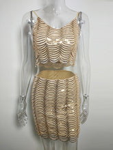Load image into Gallery viewer, Sequin Two Piece Sets Women Crop Top and Skirt Set Sexy Spaghetti Strap High Waisted Bodycon Skirt Suits Party Club Wear Outfits