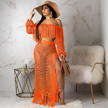 Load image into Gallery viewer, Fringed Tassel Summer Beach Dress Women Sexy Off Shoulder Maxi Dress Long Sleeve Boho Knit Crochet Hollow Out Party Long Dress