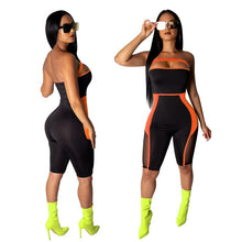 Load image into Gallery viewer, Neon Patchwork Sheer Mesh Sexy Bodycon Jumpsuit Shorts Romper Women Bandage Jumpsuit Summer Party Overalls Club Playsuit