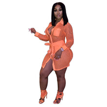 Load image into Gallery viewer, Autumn Long Sleeve Shirt Dress Women Turn-down Collar Button Up Pockets See Through Hollow Out Sexy Mini Party Dresses Vestidos