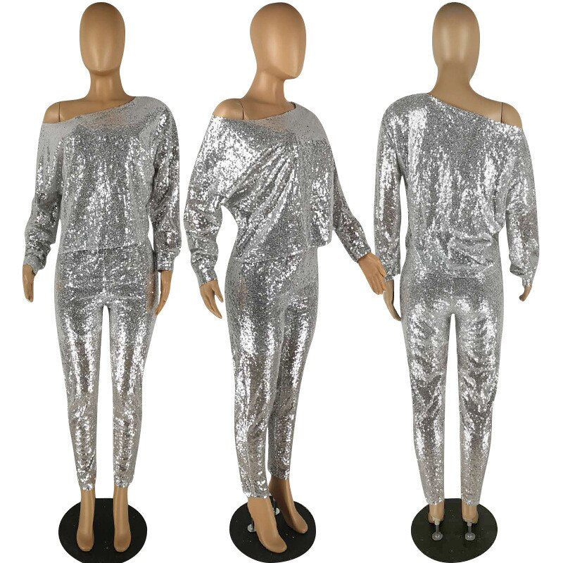 Sexy Silver Sequin Two Piece Sets Women Glitter Crop Top and Skinny Pants 2 Piece Sets Club Party Sparkly Matching Sets Outfits