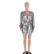 Load image into Gallery viewer, Sexy Silver Long Sleeve Mini Dress New Women Deep V Neck Ruched Night Out Clubwear Metallic Wrap Dress Asymmetrical Club Dresses