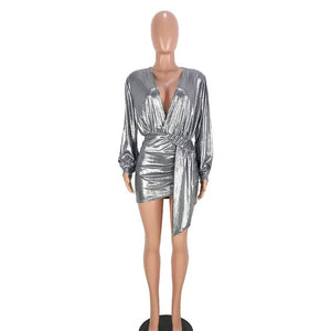 Sexy Silver Long Sleeve Mini Dress New Women Deep V Neck Ruched Night Out Clubwear Metallic Wrap Dress Asymmetrical Club Dresses