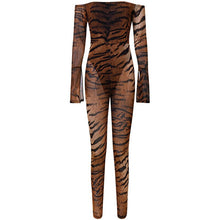 Load image into Gallery viewer, Bandage Bodycon Sexy Jumpsuit Women Off Shoulder Sheer Mesh Animal Print Jumpsuit Long Sleeve Sexy Party Club Romper Overalls