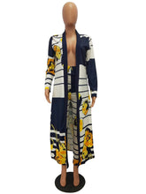 Load image into Gallery viewer, Two Piece Set Top and Pants Women Spring Autumn Long Sleeve X-Long Duster Coat and Pants Print Flower Casual 2 Piece Outfits