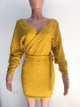 Load image into Gallery viewer, Sexy Off Shoulder Knitting Sweater Dress Women Elegant Pearls Sashes Short Wrap Dress Casual Long Sleeve Autumn Winter Dresses