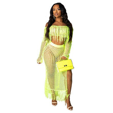 Load image into Gallery viewer, Fringed Tassel Summer Beach Dress Women Sexy Off Shoulder Maxi Dress Long Sleeve Boho Knit Crochet Hollow Out Party Long Dress