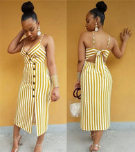 Load image into Gallery viewer, Spaghetti Strap V Neck Striped Button Dress Women Sexy Split Front Bow Tie Up Back Yellow Bodycon Dress Beach Vacation Dresses