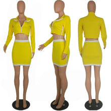 Load image into Gallery viewer, Sexy Two Piece Skirt Set Women Autumn Winter Long Sleeve Zipper Jacket Top and Mini Skirt Suits Fitness Casual 2 Piece Outfits