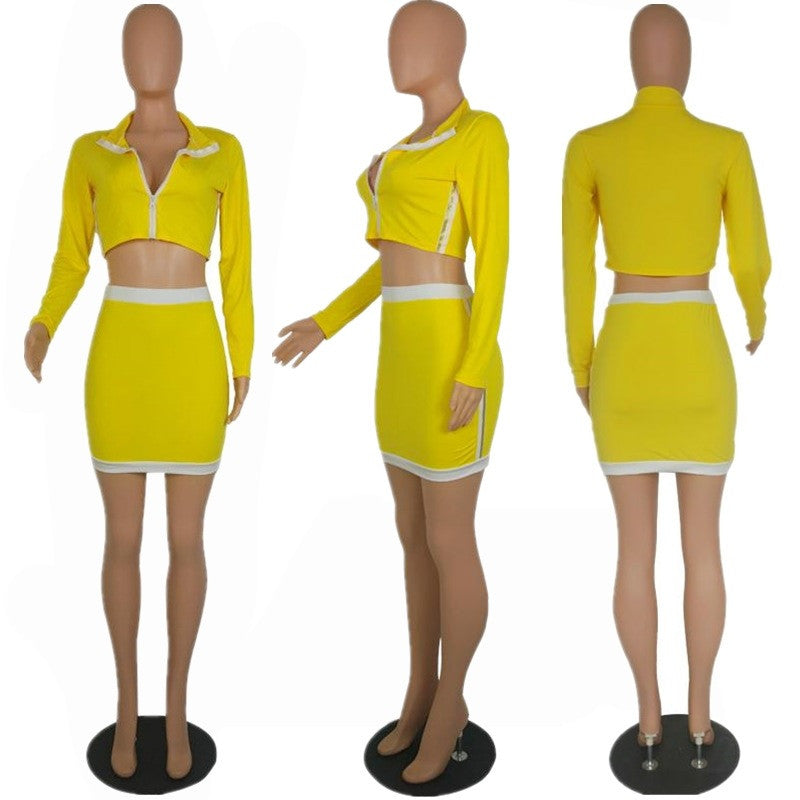 Sexy Two Piece Skirt Set Women Autumn Winter Long Sleeve Zipper Jacket Top and Mini Skirt Suits Fitness Casual 2 Piece Outfits