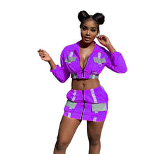 Load image into Gallery viewer, Neon Color Two Piece Skirt Set Women Pockets Zipper Long Sleeve Crop Top and Mini Skirts Suit Sexy 2 Piece Outfits Clubwear