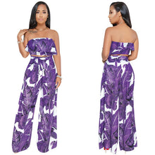 Load image into Gallery viewer, Tropical Print Two Piece Set Women Ruffle Strapless Crop Top and Wide Leg Pant Suits Boho Summer Casual Beach 2 Piece Outfits