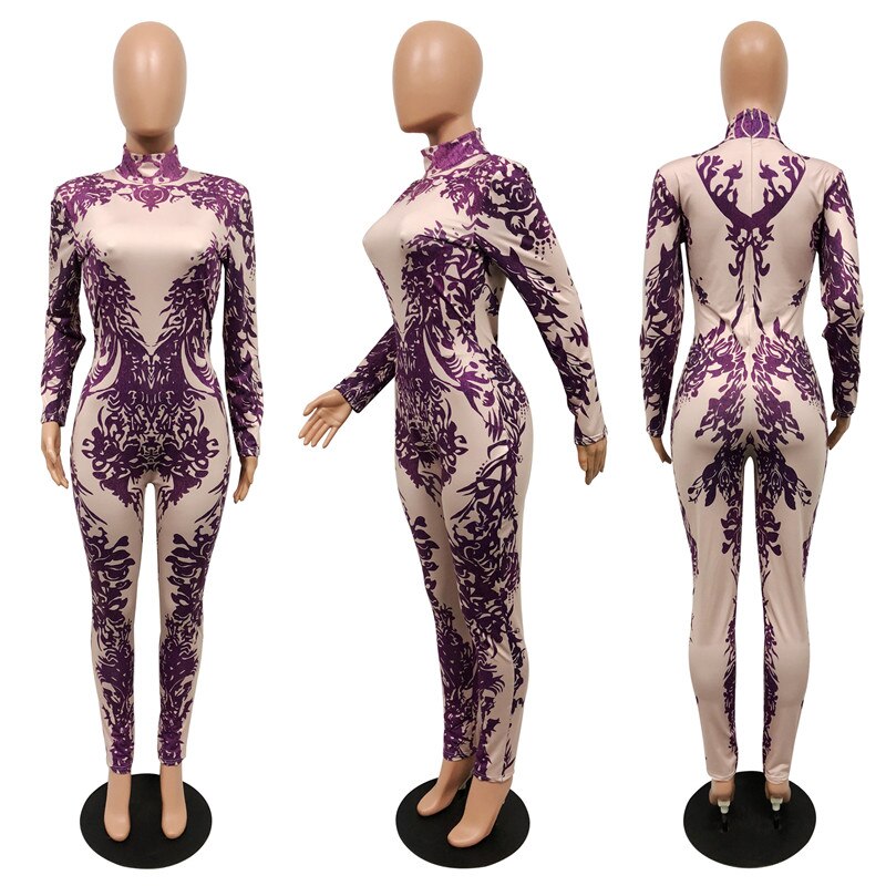 Floral Printed Bodycon Jumpsuit Women Winter Long Sleeve Skinny Long Pants Romper Tight Nightclub Party Jumpsuits Overalls