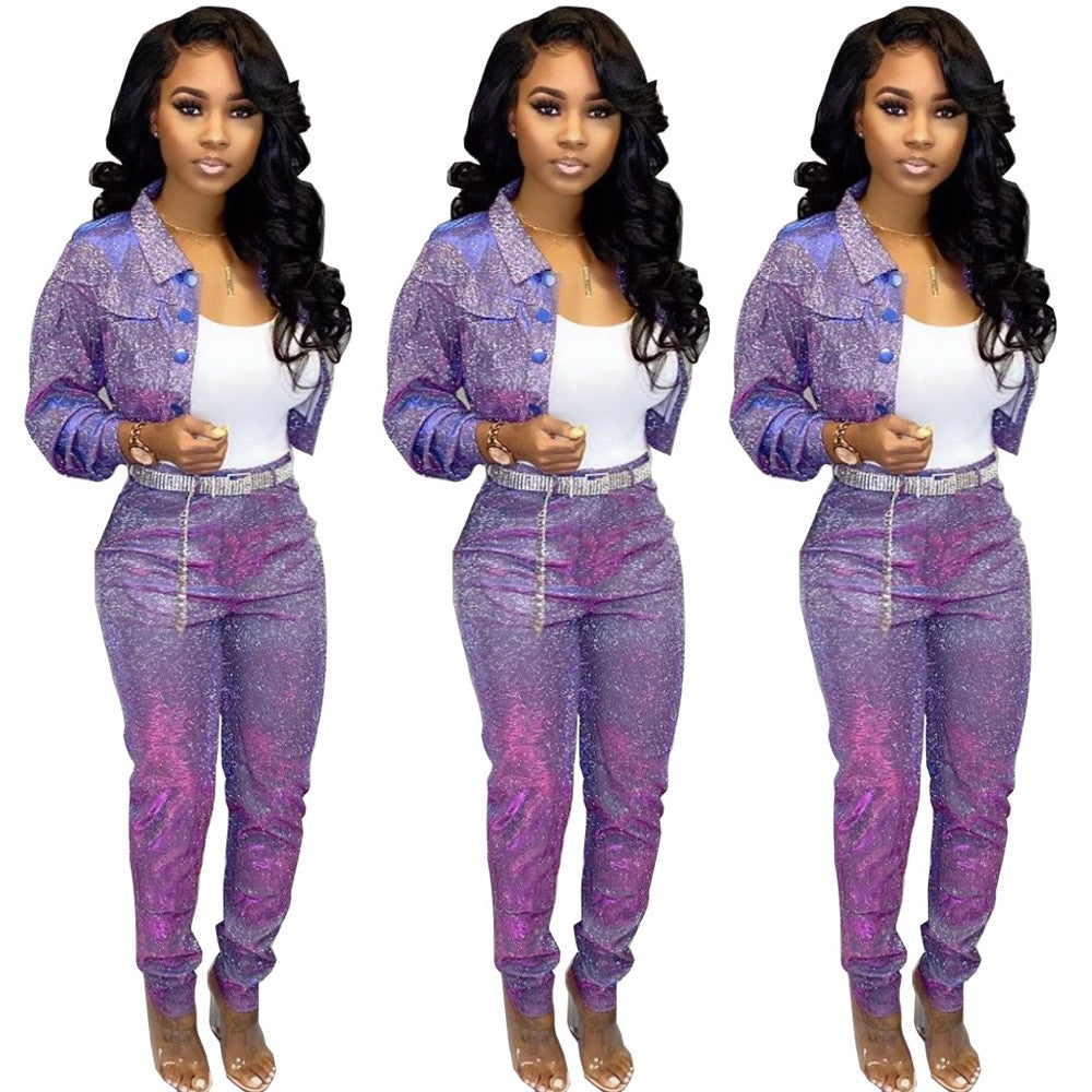 Sequin Glitter 2 Piece Set Women's Suit Single-breasted Jacket Top and Long Pants Sexy Club Outfits Matching Sets Ensemble Femme