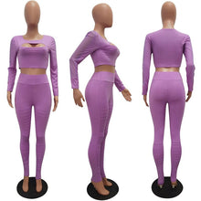 Load image into Gallery viewer, Womens Tracksuit Hollow Out Long Sleeve Crop Top and Legging Pants 2 Piece Set Female Mesh Casual Summer Outfits Fitness Wear