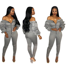 Load image into Gallery viewer, Sexy Off Shoulder Jumpsuit Fall Winter Fashion Front Zipper Slash Neck Layered Ruched Long Sleeve Bodycon Romper Overalls