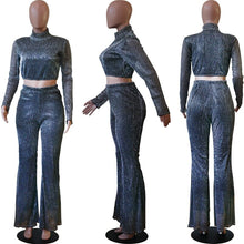 Load image into Gallery viewer, Night Club Party Glitter Two Piece Set Women Mock Neck Crop Top and Flare Pant Sexy 2 Piece Matching Outfits Women Sets Clothes