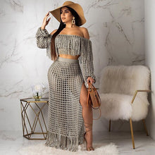 Load image into Gallery viewer, Fringed Tassel Summer Beach Dress Women Sexy Off Shoulder Maxi Dress Long Sleeve Boho Knit Crochet Hollow Out Party Long Dress