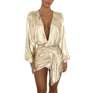 Sexy Silver Long Sleeve Mini Dress New Women Deep V Neck Ruched Night Out Clubwear Metallic Wrap Dress Asymmetrical Club Dresses