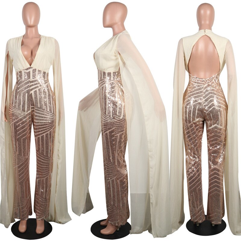 Women Chiffon Split Long Sleeve Sequin Jumpsuit Sexy V Neck Patchwork Loose Wide Leg Romper Evening Sparkly Jumpsuit Overalls