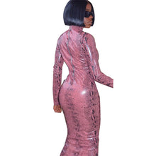 Load image into Gallery viewer, Snakeskin Turtleneck PU Leather Dress Long Sleeve Bodycon Midi Dress Sexy Pink Night Club Party Dress