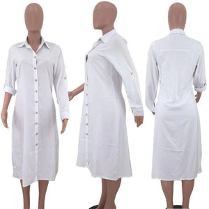 White Shirt Dress Women Button-up Knee-length Long Sleeve Shift Dress Office Lady Loose Casual Tunic Basic Dresses