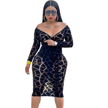 Load image into Gallery viewer, Autumn Sexy Long Sleeve Bodycon Dress Women Print Elegant Off Shoulder Party Dress Night Club wear Midi Sheer Black Mesh Dress