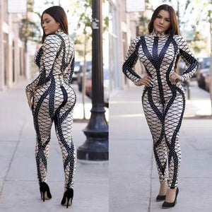 Sexy Printed Jumpsuit Women Turtleneck Bodysuit Long Sleeve Pants Romper Leotard Bandage Bodycon Jumpsuit Catsuit