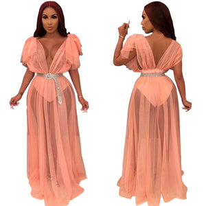 Sexy See Through Sheer Mesh Maxi Dress Women Plunging Neck Backless Long Dress Ladies Elegant Evening Night Party Club Dresses