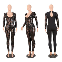 Load image into Gallery viewer, See Through Black Sequin Jumpsuit Women Long Sleeve Sparkly Bodycon Jumpsuits Sexy Rompers Glitter Club Party Jumpsuits Overalls