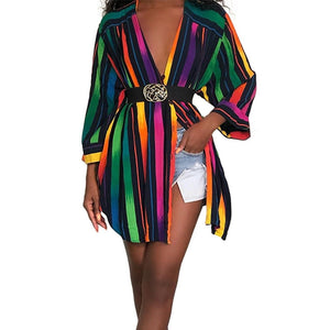 Colorful Striped Long Sleeve Shirt Dress 2019 Women Fall Streetwear Loose Casual Dress Ladies Button Club Party Blouses Dress