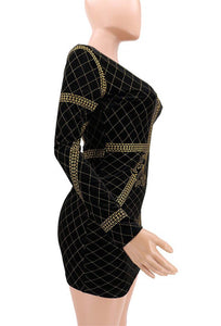 Sexy Elegant Gold Glitter Dress Women Clothes Winter Long Sleeve V Neck Geometric Printed Bodycon Birthday Party Club Dress