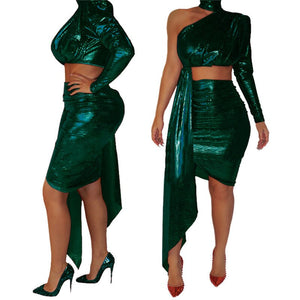 Sexy Celebrity Metallic Glitter Party Dresses Women One Shoulder Turtleneck Long Sleeve Bodycon Dress Elegant Draped Club Dress