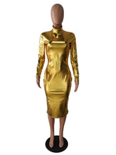 Load image into Gallery viewer, Gold Silver Bright Metallic Club Party Dress Women Long Sleeve Turtleneck Bodycon Midi Dress Elegant Sexy Dress Vestido De Festa