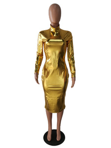 Gold Silver Bright Metallic Club Party Dress Women Long Sleeve Turtleneck Bodycon Midi Dress Elegant Sexy Dress Vestido De Festa