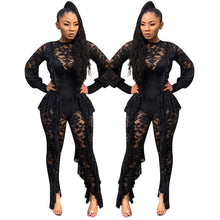 Load image into Gallery viewer, Long Sleeve Sexy Sheer Black Lace Jumpsuit Bodysuit Women See Through Ruffle Party Club Wear One Piece Bodycon Jumpsuit Rompers