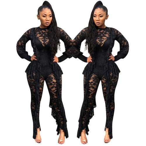 Long Sleeve Sexy Sheer Black Lace Jumpsuit Bodysuit Women See Through Ruffle Party Club Wear One Piece Bodycon Jumpsuit Rompers