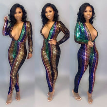 Load image into Gallery viewer, Multicolor Sequin Jumpsuit Women V Neck Long Sleeve Sexy Bodysuit Sparkly Bodycon Jumpsuit Night Club Party Rompers Jumpsuit