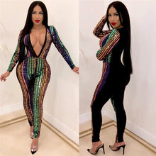 Load image into Gallery viewer, Multicolor Sequin Jumpsuit Women V Neck Long Sleeve Sexy Bodysuit Sparkly Bodycon Jumpsuit Night Club Party Rompers Jumpsuit