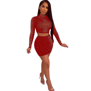 Women Sheer Mesh Rhinestone Club Two Piece Skirt Set Sexy Turtleneck Long Sleeve Crop Top and Mini Skirt Party Birthday Outfits