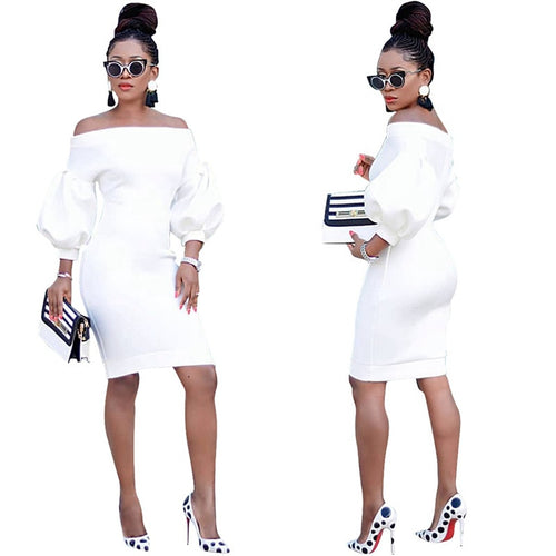 Elegant White Off The Shoulder Bodycon Dress Lantern Long Sleeve Short Dress Sexy Night Club Evening Party Dresses